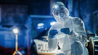 A forensic investigator in protective gear examines evidence at a crime scene, with a police vehicle in the background.