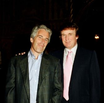 Image of Jeffrey Epstein and Donald Trump posing together at an event.