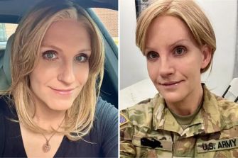 A split image featuring a transgender veteran, Jo Ellis, on the left in casual attire and on the right in military uniform.