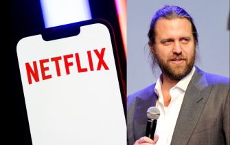Image of a Netflix logo on a smartphone alongside an unspecified individual holding a microphone, conveying a connection to the film industry and recent legal issues.
