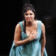 Anna Netrebko performing on stage, wearing a blue dress and bowing to the audience. Anna Netrebko performing on stage, wearing a blue dress and bowing to the audience.