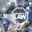 A person holding a tablet with a background featuring icons related to bankruptcy law and financial management. A person holding a tablet with a background featuring icons related to bankruptcy law and financial management.