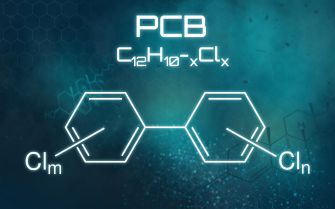 Diagram illustrating the chemical structure of polychlorinated biphenyls (PCBs), including its molecular formula.