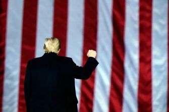 A man with blonde hair raises his fist in front of a large American flag.