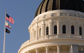 Close-up of the California State Capitol dome with American and California flags flying.