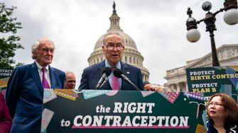 Senate leaders discuss the Right to Contraception Act outside the Capitol, advocating for federal protections for contraceptive access.