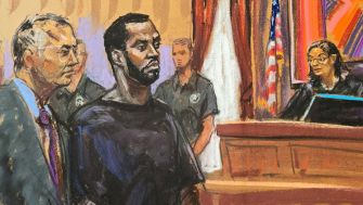 Courtroom sketch of Sean Combs standing with legal counsel as he faces charges in a federal case.