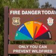 Fire danger sign indicating levels from low to critical with a message about preventing wildfires. Fire danger sign indicating levels from low to critical with a message about preventing wildfires.