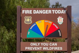 Fire danger sign indicating levels from low to critical with a message about preventing wildfires.