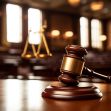 A wooden gavel and scales of justice on a table in a courtroom. A wooden gavel and scales of justice on a table in a courtroom.