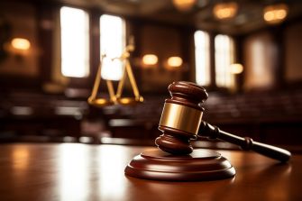 A wooden gavel and scales of justice on a table in a courtroom.
