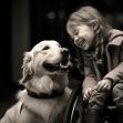 A young girl in a wheelchair smiling at a golden retriever service dog. A young girl in a wheelchair smiling at a golden retriever service dog.