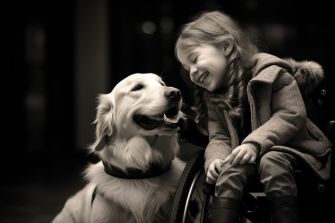 A young girl in a wheelchair smiling at a golden retriever service dog.