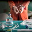 A person in handcuffs with medical equipment and a vial of sodium thiopental on a table. A person in handcuffs with medical equipment and a vial of sodium thiopental on a table.