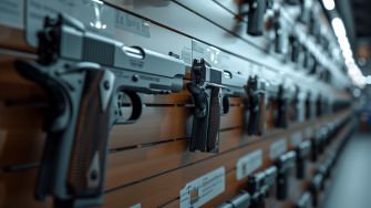 A display of handguns arranged on a wall in a gun shop.