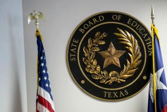 Seal of the Texas State Board of Education with flags in the background.