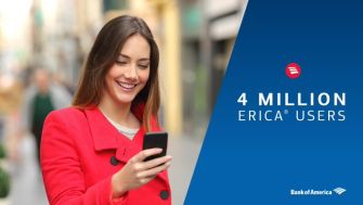 A woman in a red coat smiling while using a smartphone, with a graphic stating "4 MILLION ERICA® USERS" and the Bank of America logo.