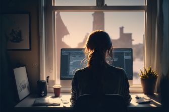 A person sitting at a desk in front of a computer, working remotely from home, with a view of the outdoors through a window.