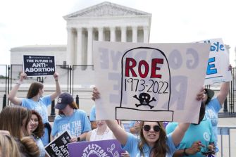 Protesters holding signs outside the Supreme Court building in response to the overturning of Roe v. Wade, marking the end of federal protections for abortion rights.