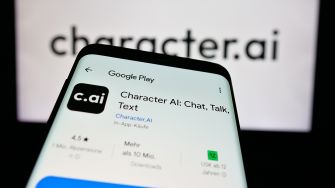 Screenshot of the Character.AI app interface on a smartphone, with the logo prominently displayed in the background.