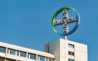 Bayer company logo on a building with a clear blue sky in the background.