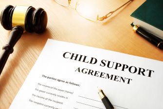 A child support agreement document with a gavel, glasses, and a book in the background.