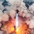 A SpaceX launch rocket taking off amidst a cloud of smoke and flames. A SpaceX launch rocket taking off amidst a cloud of smoke and flames.