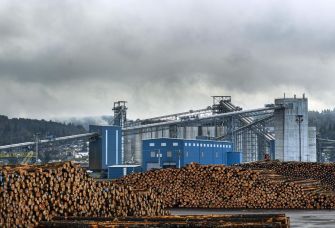 Grain terminal facility with stacked logs in the foreground and industrial buildings in the background under a cloudy sky.