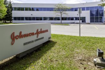 Sign for Johnson & Johnson at their facility, highlighting the headquarters associated with the recent opioid settlement.