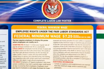 Federal minimum wage poster detailing employee rights under the Fair Labor Standards Act, highlighting the minimum wage of $7.25, effective since July 24, 2009, and including information about overtime pay and additional labor regulations.