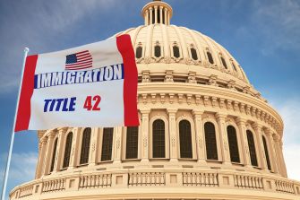 Flag depicting "Immigration Title 42" in front of a government building.