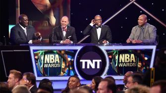 TNT broadcasters at the NBA Awards ceremony, featuring a panel discussion.
