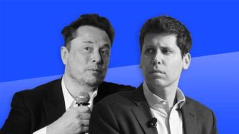 Elon Musk and Sam Altman on a blue background, highlighting their involvement in discussions related to AI development and OpenAI's strategic direction.