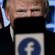 phone screen displays a Facebook logo with the official portrait of former President Donald Trump on the background