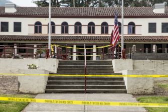 Exterior view of the Veterans Home of California in Yountville, marked with police tape following a tragic shooting incident.