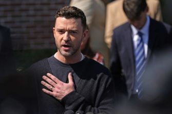 Justin Timberlake speaking at a press conference after pleading guilty to impaired driving in New York.