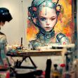 A futuristic scene depicting a humanoid robot artist painting a vibrant and colorful portrait on a canvas. A futuristic scene depicting a humanoid robot artist painting a vibrant and colorful portrait on a canvas.