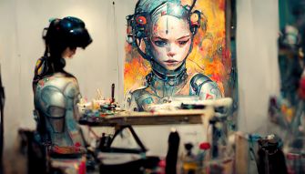A futuristic scene depicting a humanoid robot artist painting a vibrant and colorful portrait on a canvas.