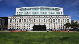 California Supreme Court building with a blue sky and grassy area in the foreground.