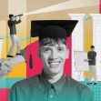 A collage depicting a graduate wearing a cap and gown, set against a background of various academic and financial elements. A collage depicting a graduate wearing a cap and gown, set against a background of various academic and financial elements.