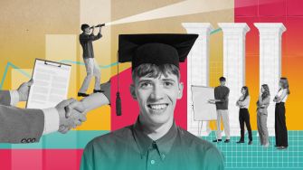 A collage depicting a graduate wearing a cap and gown, set against a background of various academic and financial elements.