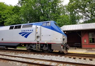 Amtrak train at a station surrounded by greenery.