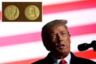 Former President Donald Trump speaking at a rally, with an image of a Pulitzer Prize medal in the corner.