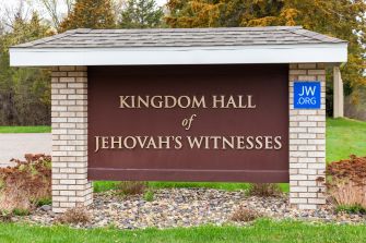 Sign for a Kingdom Hall of Jehovah's Witnesses.