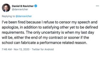 Tweet from Daniel Ravicher discussing his employment status and refusal to censor his speech.
