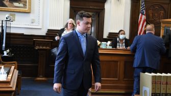 Kyle Rittenhouse entering the courtroom during his trial.