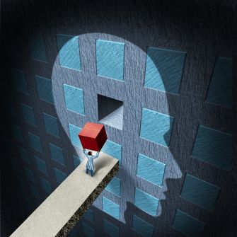 An abstract illustration depicting a person placing a red block in a puzzle on a wall, representing the complexities of identity and mental health.