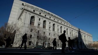 California Supreme Court building with pedestrians in the foreground.