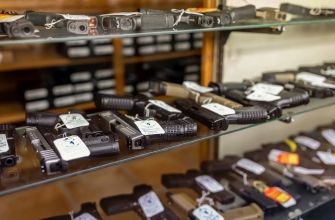 A display of handguns for sale in a firearms store.
