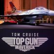 A model F-16 fighter jet displayed with promotional signage for 'Top Gun: Maverick,' featuring the names Tom Cruise and the film's title. A model F-16 fighter jet displayed with promotional signage for 'Top Gun: Maverick,' featuring the names Tom Cruise and the film's title.
